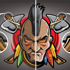 Op de afbeelding: Een vergelijking van raster- en vectorafbeeldingen. De linkerzijde toont een gepixelde afbeelding van een indiaanse krijger met een mohawk, die veren draagt en een bijl vasthoudt. De rechterzijde toont een gladde, gedetailleerde vectorafbeelding van dezelfde krijger.