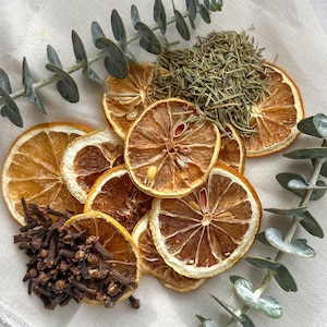 May include: Dried orange slices, eucalyptus leaves, and rosemary sprigs arranged on a white linen surface with cloves scattered around.