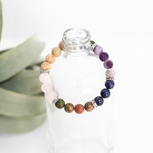 Natural Gemstone Labor + Birth Support Bracelet on Elastic - Rose Quartz, Picture Jasper, Chrysocolla, Amethyst, Lapis Lazuli, Unikite