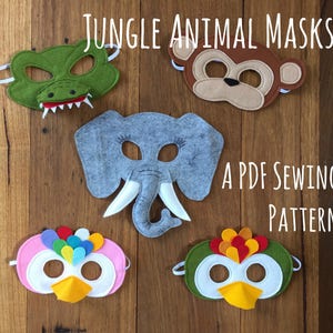 Jungle Animal Masks (Crocodile, Parrot, Elephant and Monkey) Felt Dressup Mask PDF Sewing Pattern and BONUS Printables