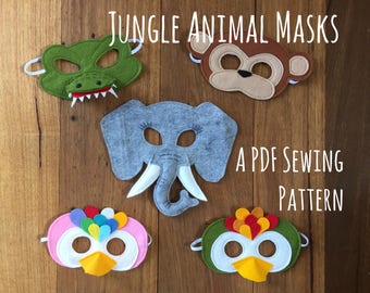 Jungle Animal Masks (Crocodile, Parrot, Elephant and Monkey) Felt Dressup Mask PDF Sewing Pattern and BONUS Printables