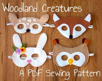 Woodland Animals (Fox, Fawn, Bunny and Owl) Felt Mask PDF Sewing Pattern and BONUS Printables