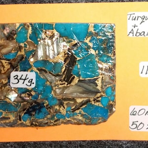 Abalone & Kingman Blue Turquoise, Turquoise Slab For Cabochons, Jewelry Making, Cabochon Making,  Lapidary Slab, Bronze Matrix