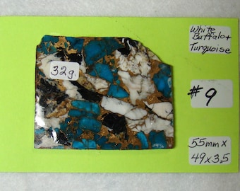 May include: A close-up of a piece of white buffalo turquoise, a type of gemstone, with a blue, black, and gold pattern. The stone weighs 32 grams and measures 55 mm x 49 mm x 3.5 mm. It is labelled "White Buffalo Turquoise #9".