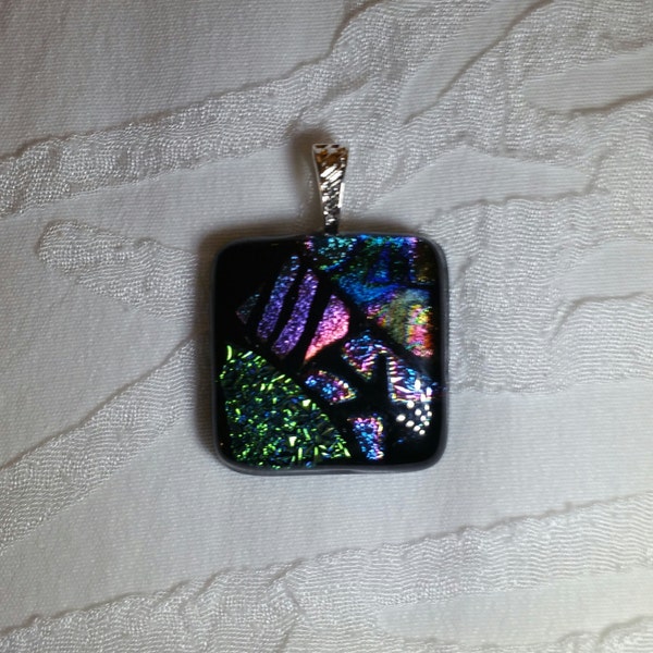 Dichroic Glass Pendant, Hand Made, Black Base, Silver Bail, Made In USA, Squared Pendant, Perfect Gift