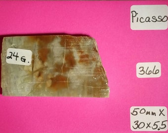 May include: A rectangular Picasso stone slab with a mix of light green, brown, and white hues. The stone has a rough, natural texture and is labeled with the text "24 g." and "Picasso". The dimensions are 50mm x 30 x 5.5.