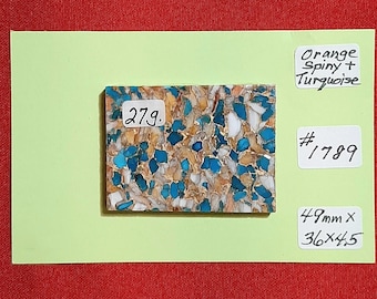 May include: A close-up of a turquoise and orange stone tile with a white background. The tile is labelled "279." and "# 1789". The tile measures 49mm x 36.45mm. The tile is labelled "Orange Spiny + Turquoise".