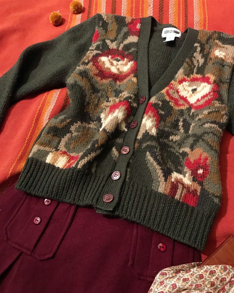 1990s PS Port Wool Button Up Cardigan Forest Green and Burgundy Red Floral Details Vintage 1980s