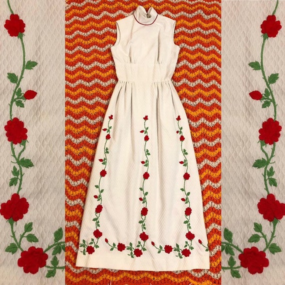 Vintage 1960s - 1970s White Polyester Maxi Dress w