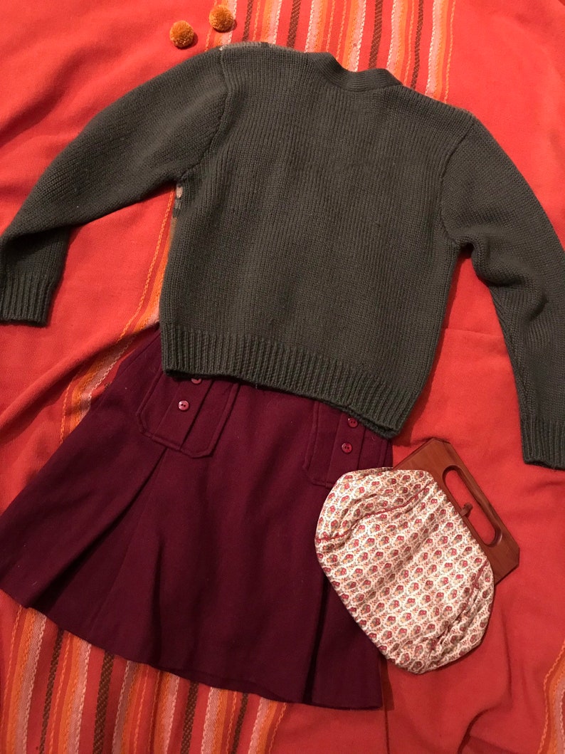 1990s PS Port Wool Button Up Cardigan Forest Green and Burgundy Red Floral Details Vintage 1980s