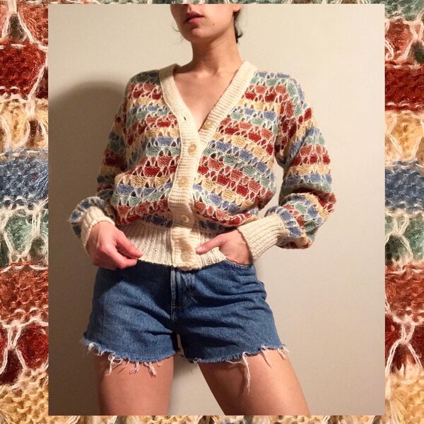 Vintage 70s - 80 Acrylic Boho Deep V Neck Cardigan With Colorful Crochet Stripes Soft and Cozy