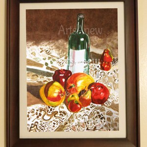 Pomegranate mangoes wine bottle hand painted watercolor print image 1
