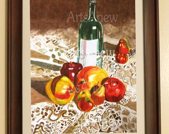 Pomegranate mangoes wine bottle hand painted watercolor print