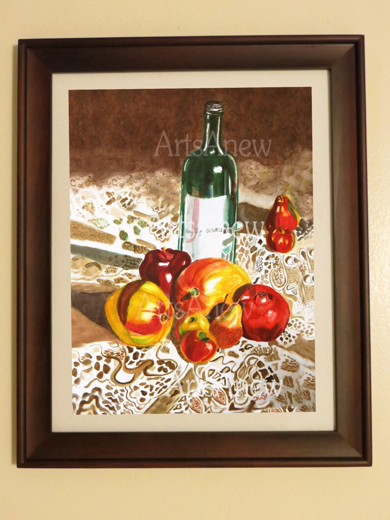 Pomegranate mangoes wine bottle hand painted watercolor print image 1