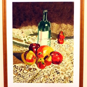 Pomegranate mangoes wine bottle hand painted watercolor print image 2