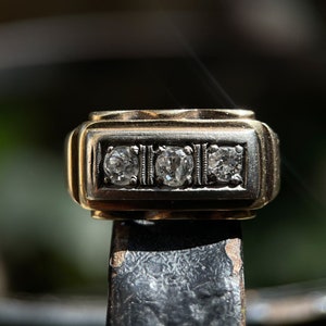 Art Deco 3 Old Mine Cut 14k Rose Gold and Platinum Bar Ring (.50 ctw)