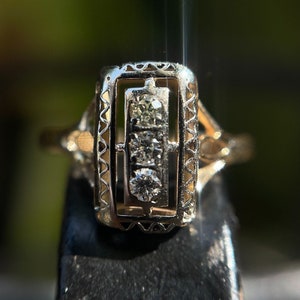 Art Deco Dinner Ring 14k 3 European Cut Diamonds ( .09 ctw)