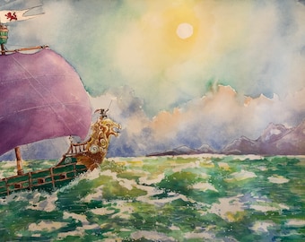 The Dawn Treader and Reepicheep - Original Watercolor Print - Printed on 8.5x11” Cardstock