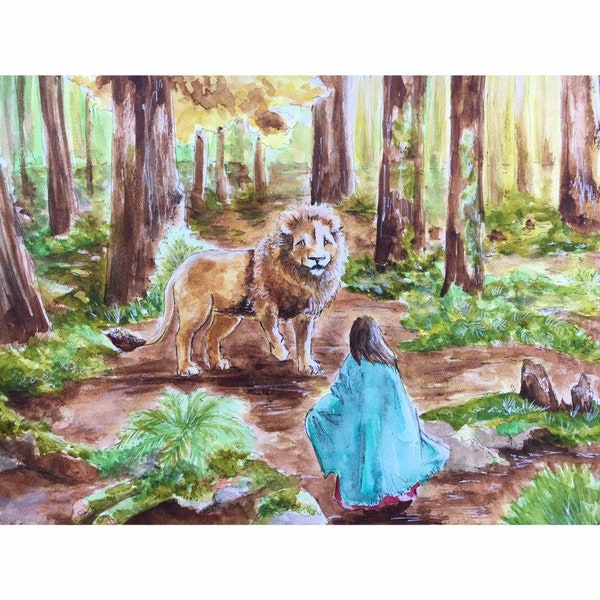 Lucy and the Lion - Original Watercolor Print - Printed on 8.5x11" Cardstock
