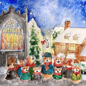 Fieldmice Carolers from “Wind in the Willows” Watercolor Print on 8.5x11” Cardstock
