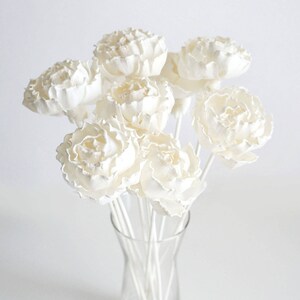 May include: A bouquet of white sola wood flowers arranged in a clear glass vase. The flowers are made of sola wood, which is a natural material that is lightweight and durable.