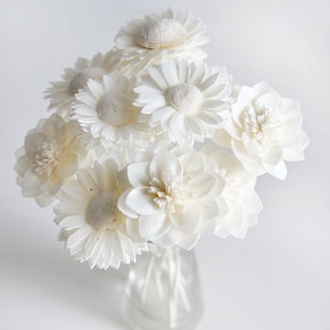 May include: A bouquet of white sola wood flowers in a clear glass vase. The flowers are arranged in a cluster and have a delicate, papery texture.