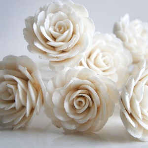 Może przedstawiać: Bukiet białych róż z drewna sola. Róże są wykonane z drewna sola, naturalnego materiału, który jest lekki i trwały. Róże idealnie nadają się do dodania odrobiny elegancji każdej okazji.