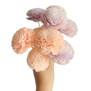 Peut inclure: Un bouquet de fleurs en bois de sola dans des tons de pêche et de lavande. Les fleurs sont disposées dans une main et sont parfaites pour ajouter une touche de beauté naturelle à n'importe quel espace.