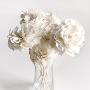 May include: A bouquet of white sola wood flowers in a clear glass vase. The flowers are arranged in a cluster and have a delicate, ruffled texture.