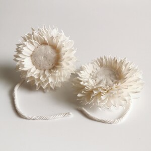 Könnte beinhalten: Zwei cremefarbene, margeritenförmige Dekorationsartikel mit einem strukturierten, geschichteten Blütenblattdesign. Jede Blume hat einen zentralen, kreisförmigen Kern und ist an einem weißen Seil befestigt.