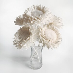 May include: A bouquet of white dried sola wood flowers in a clear glass vase. The flowers have a delicate, papery texture and are arranged in a simple, elegant style.