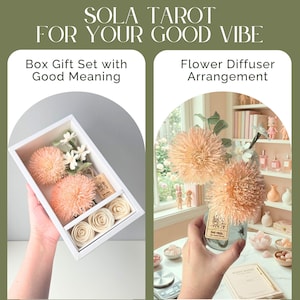 May include: Sola Tarot for your good vibe. A white rectangular gift box containing two large peach-colored spiky flowers and three small cream-colored rose-shaped flowers. A glass vase arrangement with two large peach flowers and a tarot card tag.