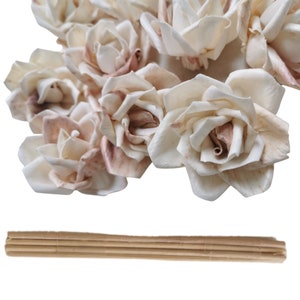 Może przedstawiać: Kwiatowa kompozycja z kremowych, suszonych papierowych róż z brązowymi akcentami. Róże są ułożone w skupisku i otoczone białym tłem. Pod różami widoczny jest pęk brązowych drewnianych patyczków.