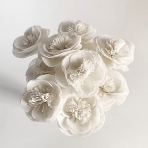 May include: A bouquet of 10 white sola wood flowers. The flowers are arranged in a cluster and have a delicate, papery texture.
