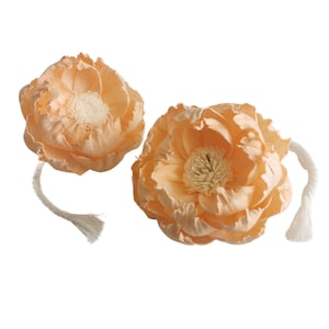 May include: Two peach-colored sola wood flowers with white centers and white string attached.