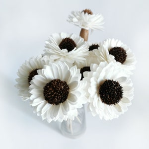 Op de afbeelding: Een boeket witte sola-houten bloemen met bruine centra. De bloemen zijn gerangschikt in een glazen vaas.