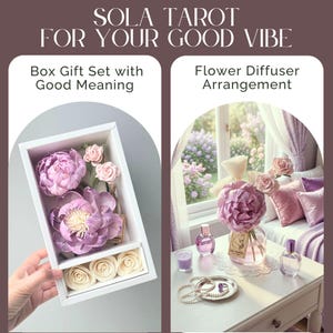 May include: Sola Tarot for your good vibe gift set featuring a white box containing purple and cream-colored sola wood flowers. The set includes a flower diffuser arrangement with a glass bottle, purple perfume bottles, a candle, and pearls.