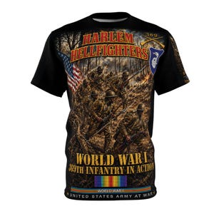 May include: A black short-sleeve t-shirt featuring a graphic print of the Harlem Hellfighters in World War I. The design includes soldiers in combat, an American flag, the text Harlem Hellfighters, 369th Infantry in Action, and United States Army at War.