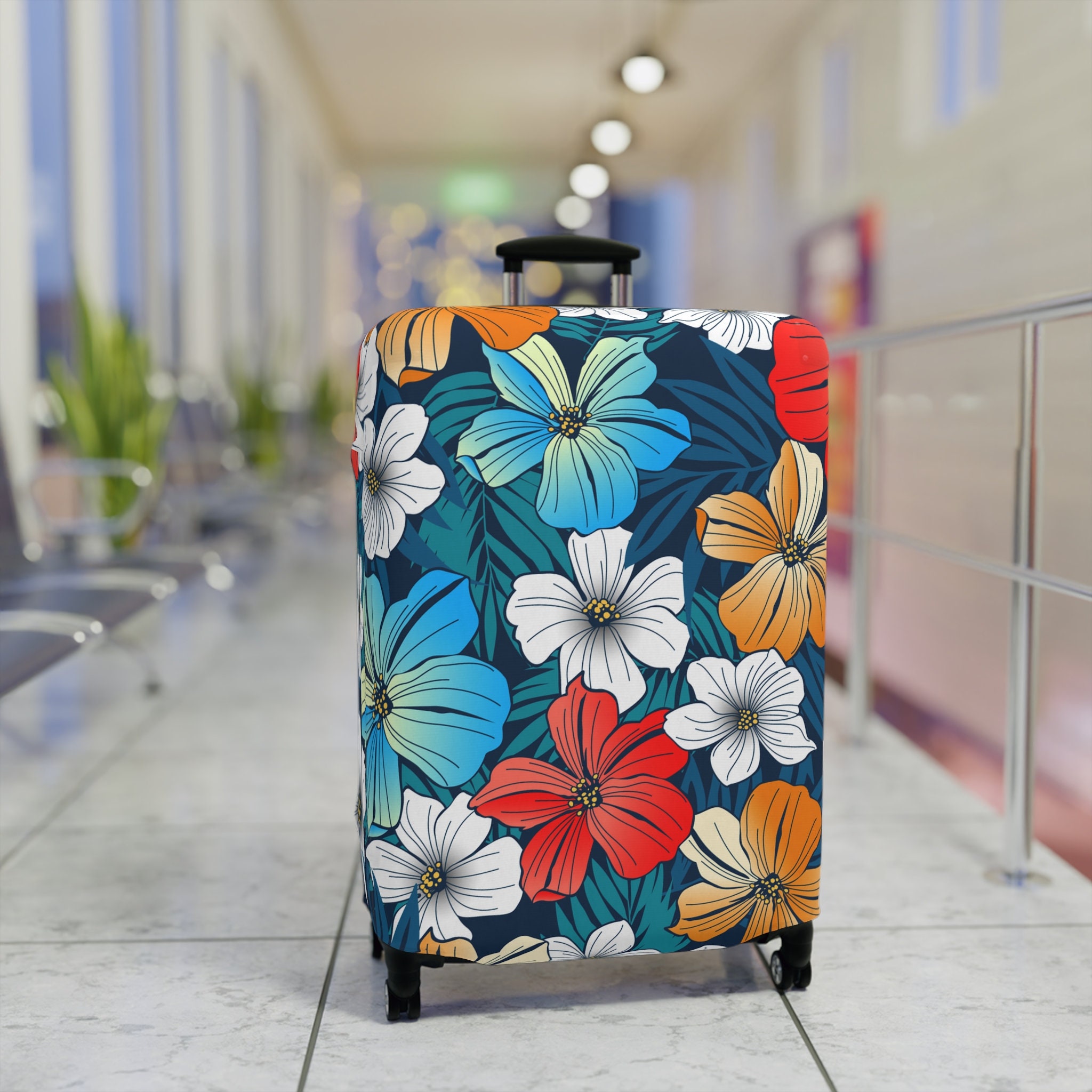 Luggage Cover - Bright Blue Beach Tropical Flowers