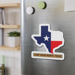 Magneti fustellati - Mappa del Texas sovrastampata con bandiera dello stato del Texas - Camp Hood North, Texas X 300