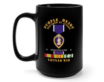 Black Mug 15oz - Purple Heart - WIA w VN SVC w Purple Heart Ribbon