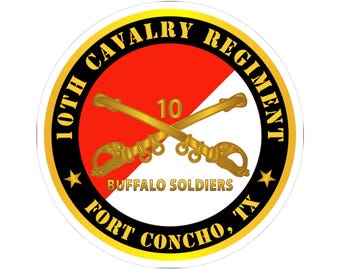 Kiss-Cut Stickers - Army - 10th Cavalry Regiment - Fort Concho, TX - Buffalo Soldiers w Cav Branch