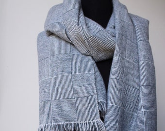 Pure merino wool hand woven scarf Handwoven grey shawl with geometric pattern Wide and long Australian made wrap