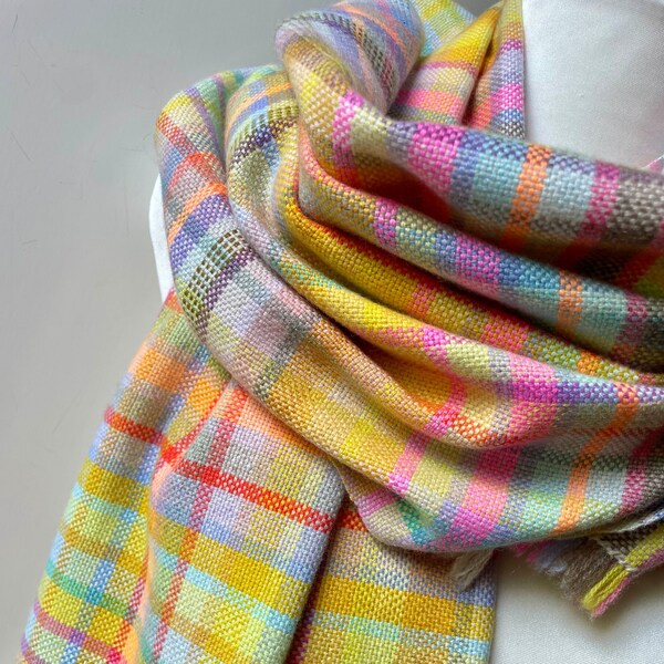 Pure cashmere hand woven scarf Unique handwoven shawl Hand loomed luxurious wrap Freestyle plaid shawl in a bright and colourful pattern