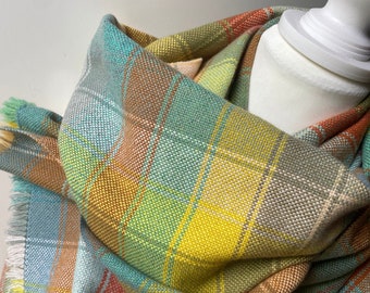 Hand woven scarf Pure cashmere scarf Unique handwoven shawl Hand loomed luxurious wrap Freestyle plaid tartan shawl in bright autumn shades