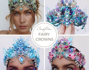 May include: A collage of four custom fairy crowns. The crowns feature a variety of colors, including blues, greens, purples, and pinks. They are adorned with crystals, gems, and decorative elements. The text "Custom Fairy Crowns" is in a circular design.