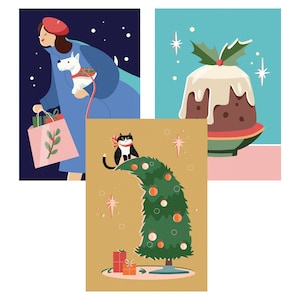 Jeu de cartes postales de trois cartes de Noël A6 Illustrated Luxery - Cat In Christmastree - Délicieux pudding de Noël - Shopping de Noël