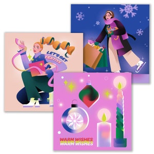 Set Of Three 21x21 cm Illustrated Luxery Christmas cards+ Enveloppe - Girl Unwrapping Gift - Iceskating Girl Wth Cat- Cosy Christmas Candles