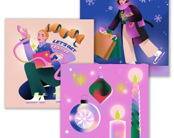 Set Of Three 21x21 cm Illustrated Luxery Christmas cards+ Envelope - Girl Unwrapping Gift - Iceskating Girl Wth Cat- Cosy Christmas Candles