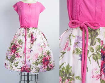 1950s Pink Floral Cotton Dress | Medium (36B/28W)